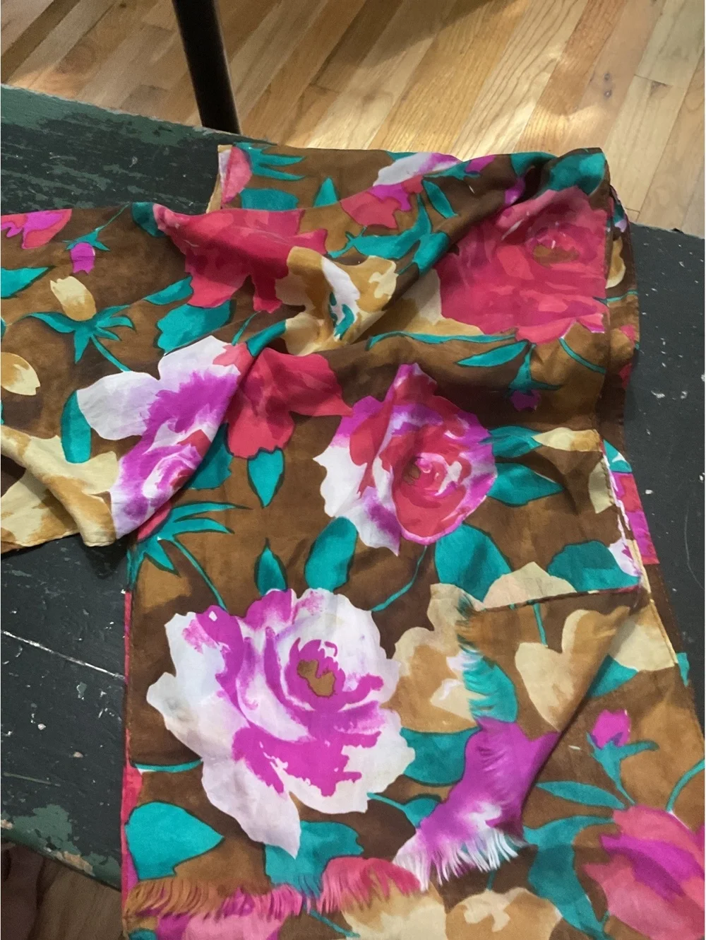 Vintage Floral Shawl /Wrap / Scarf with Pink, Brown and Turquoise Flowers